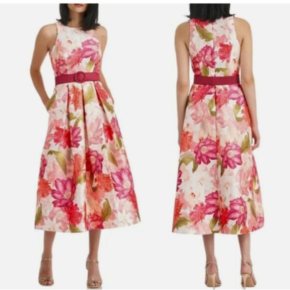KAY UNGER CORAL LEAF LIBERTY FLORAL BROCADE BELTED MIDI DRESS sz 0 - Picture 3 of 4